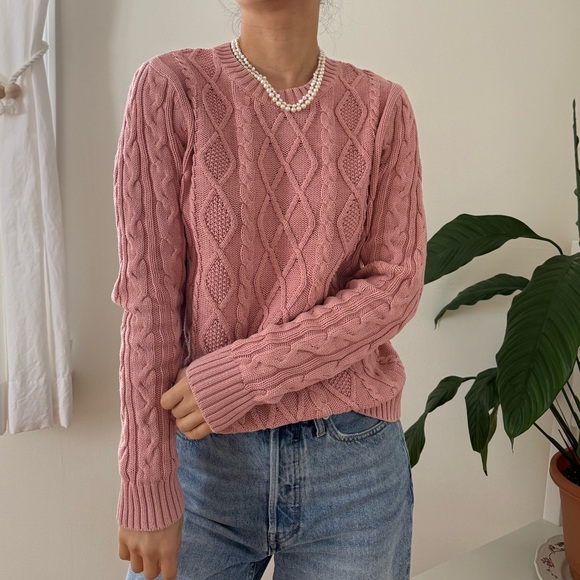 Jeanne Pierre 100% Cotton Crewneck Pink Cable Knit Sweater Long Sleeve Size M - Picture 5 of 10